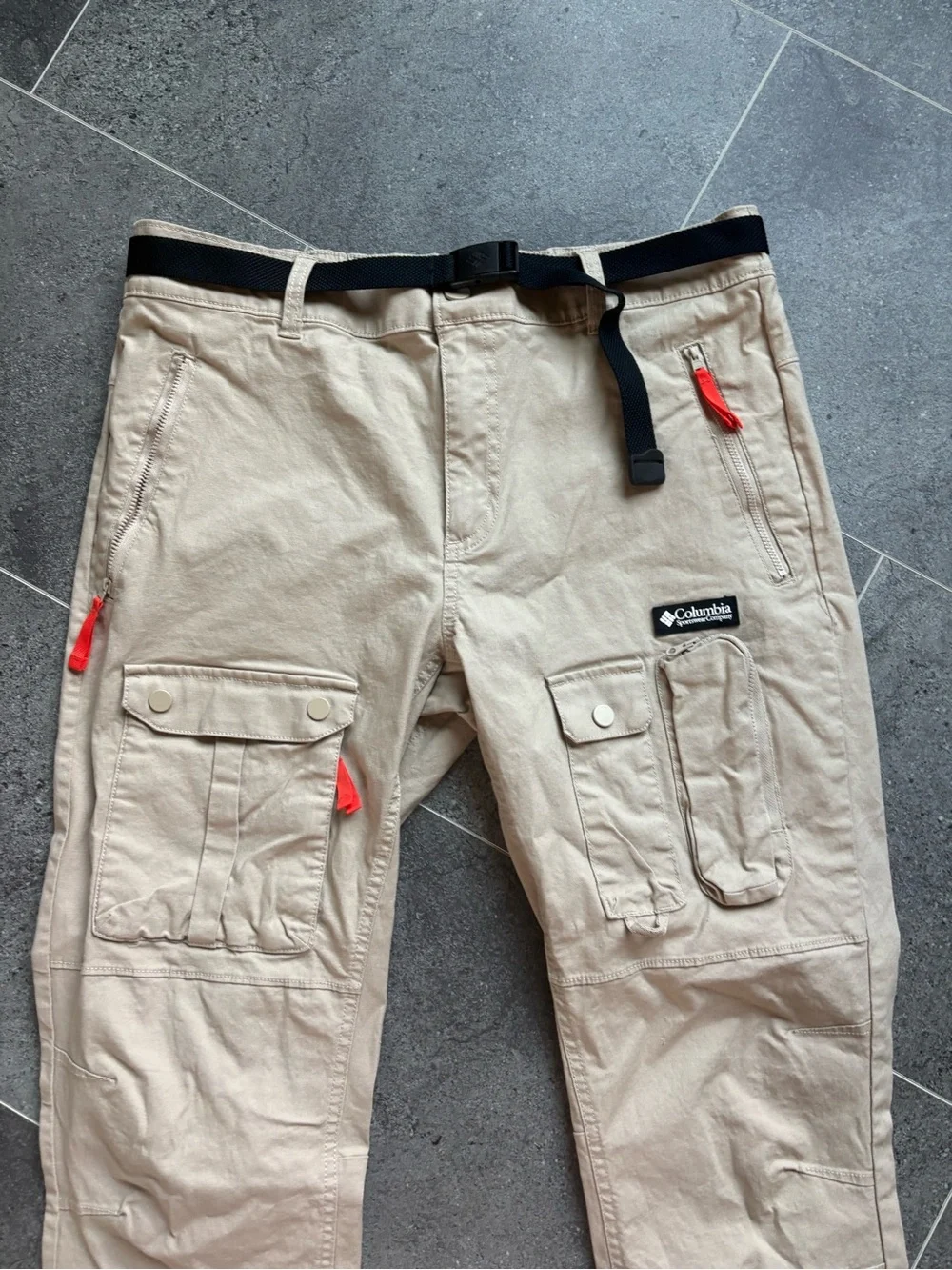 Columbia Men’s Tan Cargo Pants with Red Accents